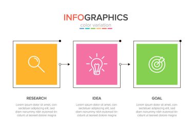 Ardışık üç adımlı ok iş modeli kavramı. Üç renkli grafik öğe. Broşür ve sunum için zaman çizelgesi tasarımı. Infographic tasarım düzeni.