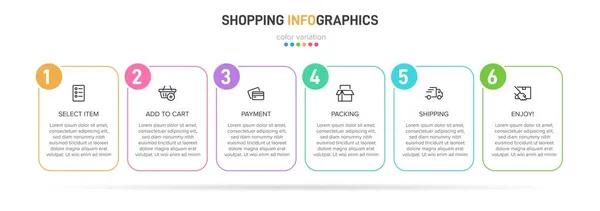 Koncepcja procesu zakupów z 6 kolejnymi krokami. Sześć kolorowych elementów graficznych. Projekt harmonogramu dla broszury, prezentacji, strony internetowej. Układ projektu infograficznego. — Wektor stockowy