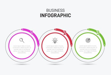 Ardışık üç adımlı ok iş modeli kavramı. Üç renkli grafik öğe. Broşür ve sunum için zaman çizelgesi tasarımı. Infographic tasarım düzeni.