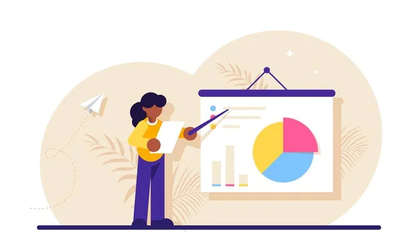 Begreppet företagsstatistik, demonstration av finansiella uppgifter, statistisk forskning. Affärskvinna, chef, kontorist, kontorsarbetare gör presentation på whiteboard med cirkeldiagram. Platt illustration. — Stock vektor