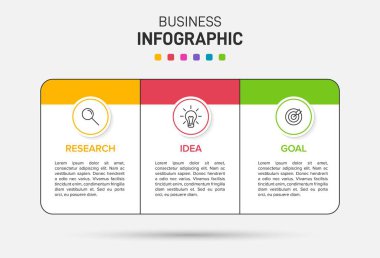 Ardışık üç adımlı ok iş modeli kavramı. Üç renkli grafik öğe. Broşür ve sunum için zaman çizelgesi tasarımı. Infographic tasarım düzeni.