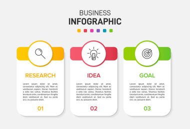 Ardışık üç adımlı ok iş modeli kavramı. Üç renkli grafik öğe. Broşür ve sunum için zaman çizelgesi tasarımı. Infographic tasarım düzeni.