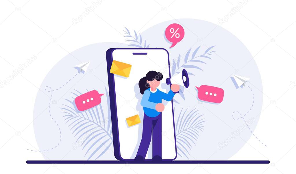 Concept of mobile advertisement, digital promotion, social media marketing or SMM. Woman with a megaphone on her phone screen. Modern flat vector illustration.
