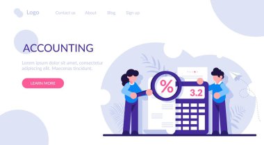 İş, bütçe planlaması, gelir hesapları için muhasebe ve denetleme hizmeti kavramı. İnsanlar hesaptaki büyüteçten bakıyorlar. Modern düz vektör iilüstrasyonu.