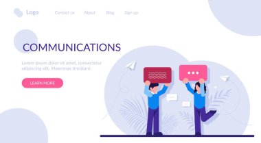 İnternet iletişimi, anlık mesajlaşma, sohbet, sosyal ağda online konuşma kavramı. Konuşma balonu ya da mesaj mesajı tutan insanlar. Modern düz vektör illüstrasyonu.