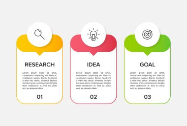 Ardışık üç adımlı ok iş modeli kavramı. Üç renkli grafik öğe. Broşür ve sunum için zaman çizelgesi tasarımı. Infographic tasarım düzeni.