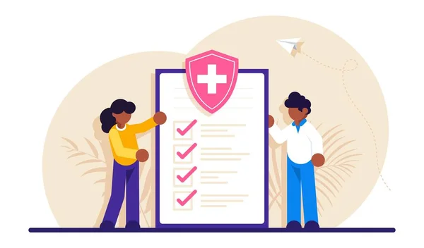 Sjukförsäkring, sjukhus och sjukvård koncept. Doktorn och klienten diskuterar listan över tjänster. Modern platt illustration. — Stock vektor