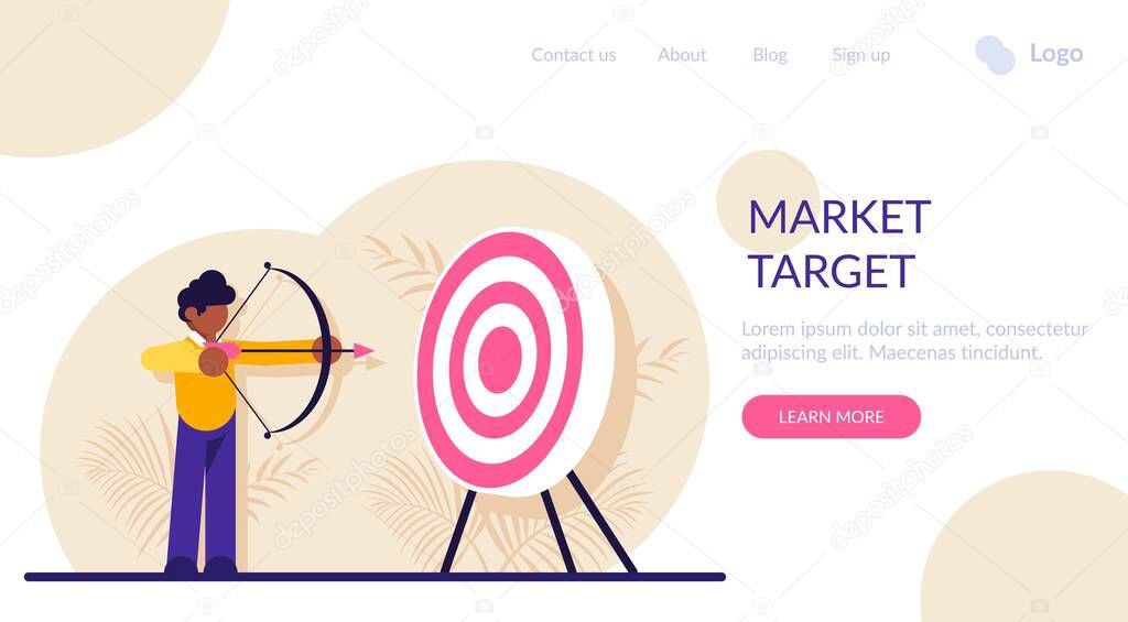 Concept of market target, business goal, achievement strategy, attaining financial objective. Archer or bowman holding bow and arrow, aiming and shooting. Modern flat illustration.
