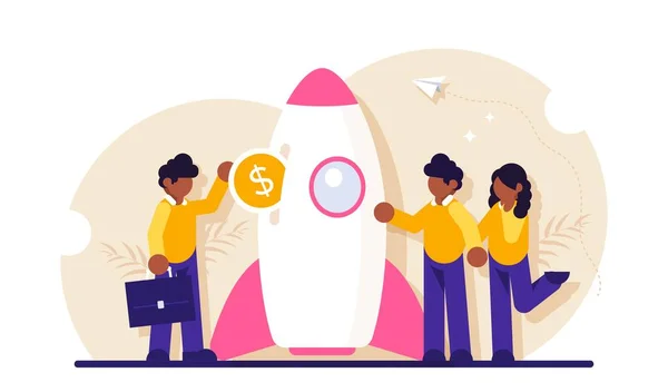 Concepto de inversión inicial. Financiación de capital riesgo, apoyo financiero de tecnologías innovadoras. Empresario o inversionista insertando moneda de dólar en la nave espacial. Ilustración plana moderna . — Vector de stock