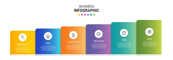 Concetto di modello di business a freccia con 6 fasi isometriche successive. Sei elementi grafici colorati. Progettazione temporale per brochure, presentazione. Layout di progettazione infografica — Vettoriale Stock