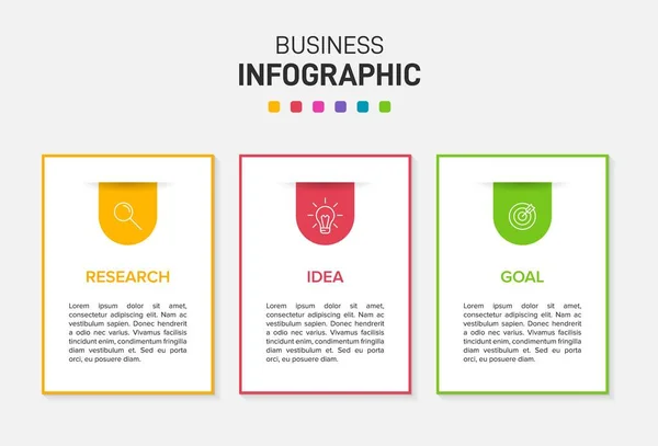 Концепция бизнес-модели стрел с 3 последовательными шагами. Три красочных графических элемента. Хронология оформления брошюры, презентации. Инфографический дизайн. — стоковый вектор