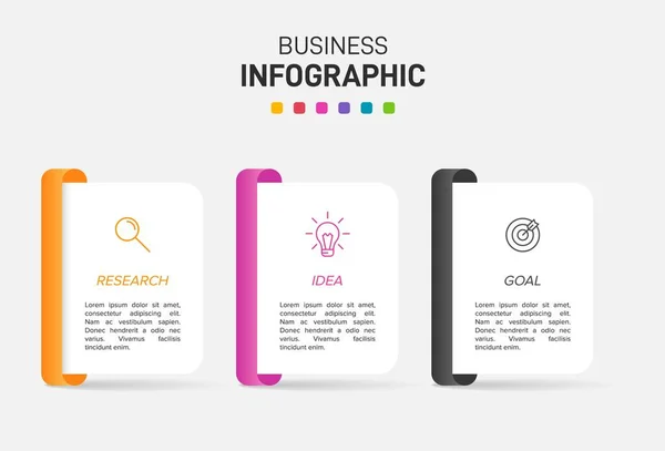 Koncepcja modelu biznesowego strzałki z 3 kolejnych etapów. Trzy kolorowe elementy graficzne. Projekt graficzny broszury, prezentacja. Układ projektu infograficznego. — Wektor stockowy