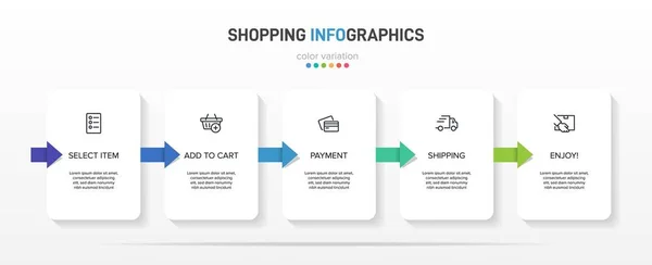 Koncepcja procesu zakupów z 5 kolejnymi krokami. Pięć kolorowych elementów graficznych. Projekt harmonogramu dla broszury, prezentacji, strony internetowej. Układ projektu infograficznego. — Wektor stockowy