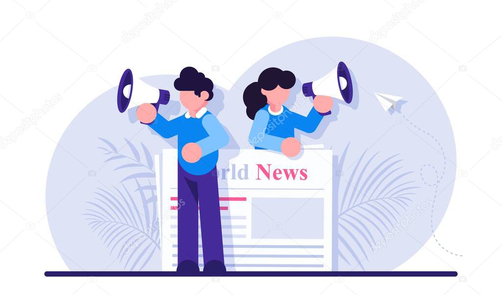 Concept of commercial, news broadcasting, advertisement, promotion in periodical publication. Person with megaphone or bullhorn promoting product on newspaper. Modern flat illustration.