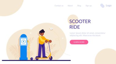 Scooter sürüş konsepti. Bir şarj istasyonunun arka planında elektrikli scooter var. Modern düz resimleme.