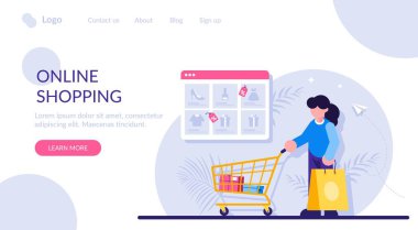 İnternetten alışveriş konsepti. Elinde bir paket ve süpermarketten bir tramvay olan bir kadın tarayıcı penceresinin arka planında bir malzeme kataloğuyla. Modern düz resimleme.