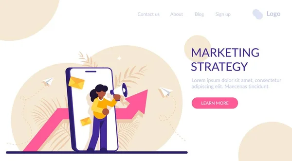 Marknadsföringsstrategi. Kvinna med en megafon på bakgrunden av en mobiltelefon och tillväxtschema. Marknadsföring med en smartphone. Modern platt illustration. — Stock vektor