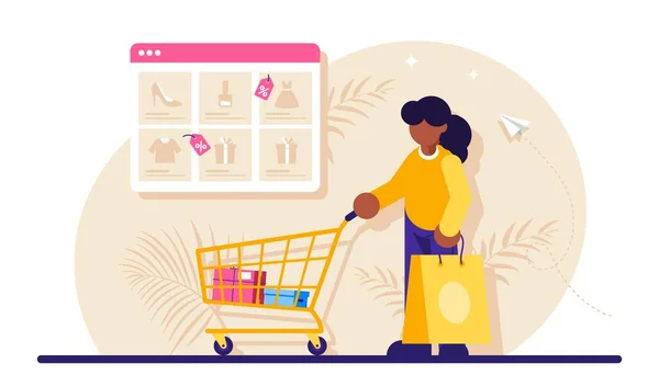 Online winkelen concept. Vrouw met een pakje en een trolley uit de supermarkt op de achtergrond van het browservenster met een catalogus van goederen. Moderne platte illustratie. — Stockvector