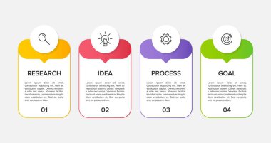 Simgeli ve 4 basamaklı bilgi tasarımı. İnce çizgi vektörü. Bilgi işlem iş konsepti. Bilgi grafikleri, akış grafikleri, sunumlar, web siteleri, afişler, yazılı materyaller için kullanılabilir.