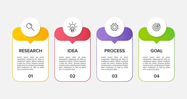 Infografisk design med ikoner och 4 alternativ eller steg. Tunn linje vektor. Affärsidé för informationsgrafik. Kan användas för informationsgrafik, flödesscheman, presentationer, webbplatser, banderoller, trycksaker. — Stock vektor