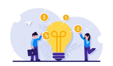 Fikir konseptine yatırım yap. İş adamı ya da yatırımcı ampulün içine para koyuyor. Girişim yatırımı, başlangıç fonu, yenilikçi teknolojiyi finanse etmek. Modern düz resimleme.