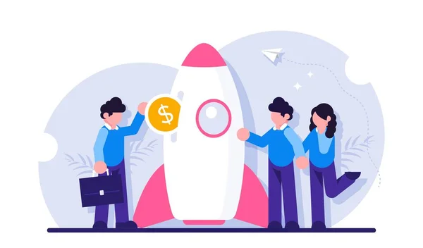 Startup investment concept. Venture capital financing, financial support of innovative technologies. Businessman or investor inserting dollar coin into spaceship. Modern flat illustration. — Stock Vector