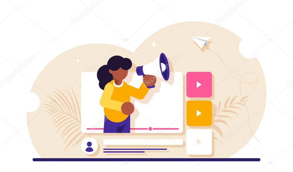 Social video marketing concept. Online advertisement, internet promotion, digital ad or promo. Woman holding bullhorn or megaphone in multimedia player window. Modern flat illustration.