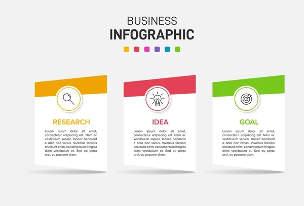 Konzept des Pfeil-Geschäftsmodells mit 3 aufeinander folgenden Schritten. Drei farbenfrohe grafische Elemente. Timeline-Design für Broschüre, Präsentation. Gestaltung der Infografik. — Stockvektor