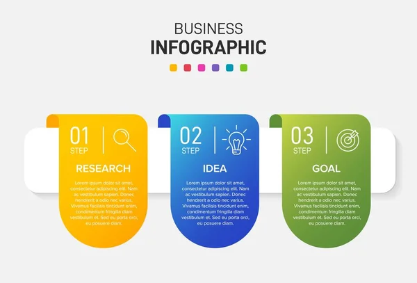 Konzept des Pfeil-Geschäftsmodells mit 3 aufeinander folgenden Schritten. Drei farbenfrohe grafische Elemente. Timeline-Design für Broschüre, Präsentation. Gestaltung der Infografik. — Stockvektor