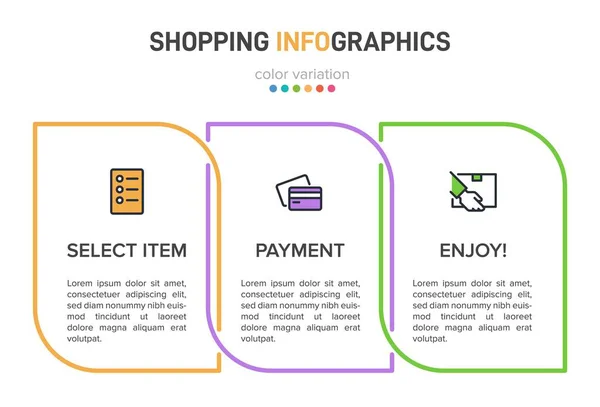 Concept van het winkelproces met 3 opeenvolgende stappen. Drie kleurrijke grafische elementen. Tijdlijn ontwerp voor brochure, presentatie, website. Infografische vormgeving. — Stockvector