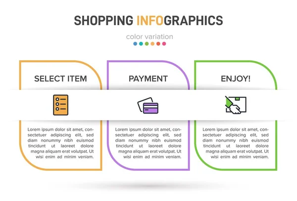 Concepto de proceso de compra con 3 pasos sucesivos. Tres coloridos elementos gráficos. Diseño de línea de tiempo para folleto, presentación, sitio web. Diseño infográfico. — Archivo Imágenes Vectoriales