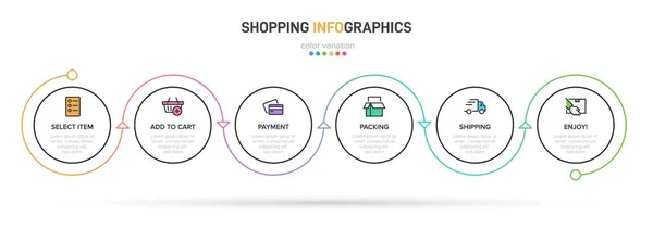 Koncepcja procesu zakupów z 6 kolejnymi krokami. Sześć kolorowych elementów graficznych. Projekt harmonogramu dla broszury, prezentacji, strony internetowej. Układ projektu infograficznego. — Wektor stockowy