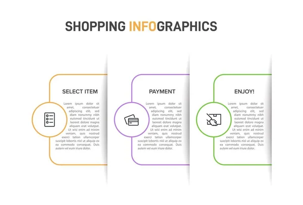 Concept de processus d'achat en 3 étapes successives. Trois éléments graphiques colorés. Conception du calendrier pour la brochure, la présentation, le site Web. Mise en page infographique. — Image vectorielle