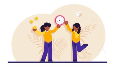 Zaman ya da para kavramı, iş-yaşam dengesi. Kadın ikilemi çözüyor. Karar vermek ya da iki seçenek arasında seçim yapmak, saat ve dolar sikkeleri. Modern düz resimleme.