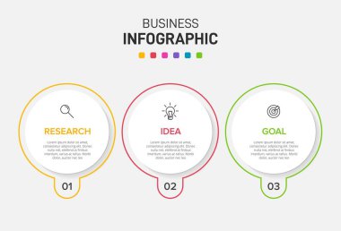 Ardışık üç adımlı ok iş modeli kavramı. Üç renkli grafik öğe. Broşür ve sunum için zaman çizelgesi tasarımı. Infographic tasarım düzeni.