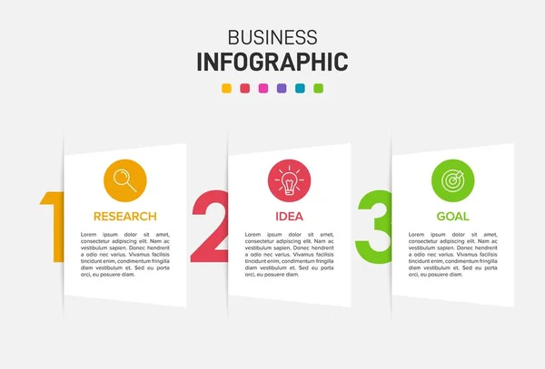 Concepto de modelo de negocio de flechas con 3 pasos sucesivos. Tres coloridos elementos gráficos. Diseño de cronología para folleto, presentación. Diseño infográfico. — Vector de stock