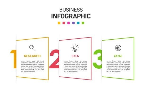 Konzept des Pfeil-Geschäftsmodells mit 3 aufeinander folgenden Schritten. Drei farbenfrohe grafische Elemente. Timeline-Design für Broschüre, Präsentation. Gestaltung der Infografik. — Stockvektor