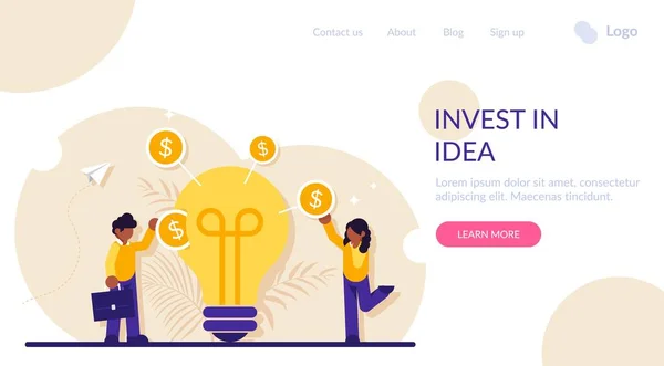 Investire nel concetto di idea. Uomo d'affari o investitore mettendo moneta dollaro in slot in lampadina. Investimenti di rischio, finanziamento di startup, finanziamento di tecnologie innovative. Illustrazione piatta moderna . — Vettoriale Stock