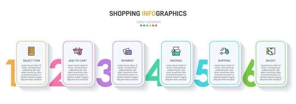 Conceito de processo de compras com 6 etapas sucessivas. Seis elementos gráficos coloridos. Design de linha do tempo para brochura, apresentação, site. Layout de design infográfico. —  Vetores de Stock