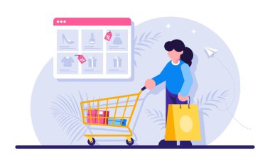 İnternetten alışveriş konsepti. Elinde bir paket ve süpermarketten bir tramvay olan bir kadın tarayıcı penceresinin arka planında bir malzeme kataloğuyla. Modern düz resimleme.