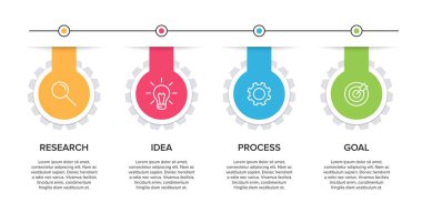 Simgeli ve 4 basamaklı bilgi tasarımı. İnce çizgi vektörü. Bilgi işlem iş konsepti. Bilgi grafikleri, akış grafikleri, sunumlar, web siteleri, afişler, yazılı materyaller için kullanılabilir.