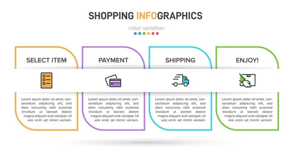 Concepto de proceso de compra con 4 pasos sucesivos. Cuatro coloridos elementos gráficos. Diseño de línea de tiempo para folleto, presentación, sitio web. Diseño infográfico. — Vector de stock