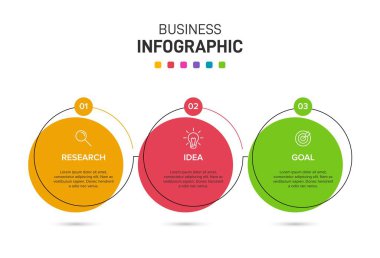 Ardışık üç adımlı ok iş modeli kavramı. Üç renkli grafik öğe. Broşür ve sunum için zaman çizelgesi tasarımı. Infographic tasarım düzeni.