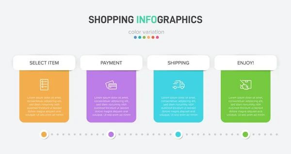 Concept de processus d'achat en 4 étapes successives. Quatre éléments graphiques colorés. Conception du calendrier pour la brochure, la présentation, le site Web. Mise en page infographique. — Image vectorielle