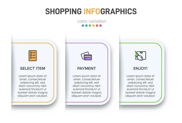 Concept de processus d'achat en 3 étapes successives. Trois éléments graphiques colorés. Conception du calendrier pour la brochure, la présentation, le site Web. Mise en page infographique. — Image vectorielle