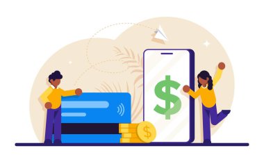 Finansal işlemler kavramı. Nakit ödemesiz işlemler. Pos-terminal ve ödeme sistemleri, para birimi, madeni paralar, NFC ödeme sistemi. Modern düz resimleme.