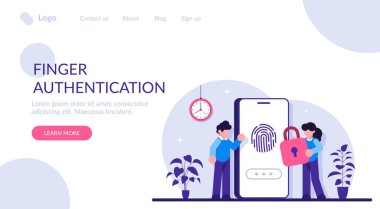 Parmak Doğrulama Konsepti. Parmak izi tarama güvenlik sistemi, dolandırıcılık tespiti, biyometrik erişim kontrolü. Modern düz resimleme.