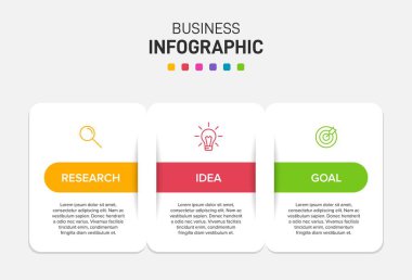 Ardışık üç adımlı ok iş modeli kavramı. Üç renkli grafik öğe. Broşür ve sunum için zaman çizelgesi tasarımı. Infographic tasarım düzeni.