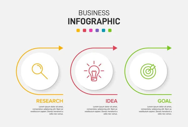 Conceito de modelo de negócio de seta com 3 etapas sucessivas. Três elementos gráficos coloridos. Design de linha do tempo para brochura, apresentação. Layout de design infográfico . — Vetor de Stock