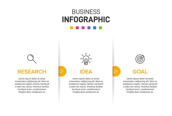 Concept de modèle d'affaires de flèche avec 3 étapes successives. Trois éléments graphiques colorés. Conception du calendrier pour la brochure, la présentation. Mise en page infographique. — Image vectorielle